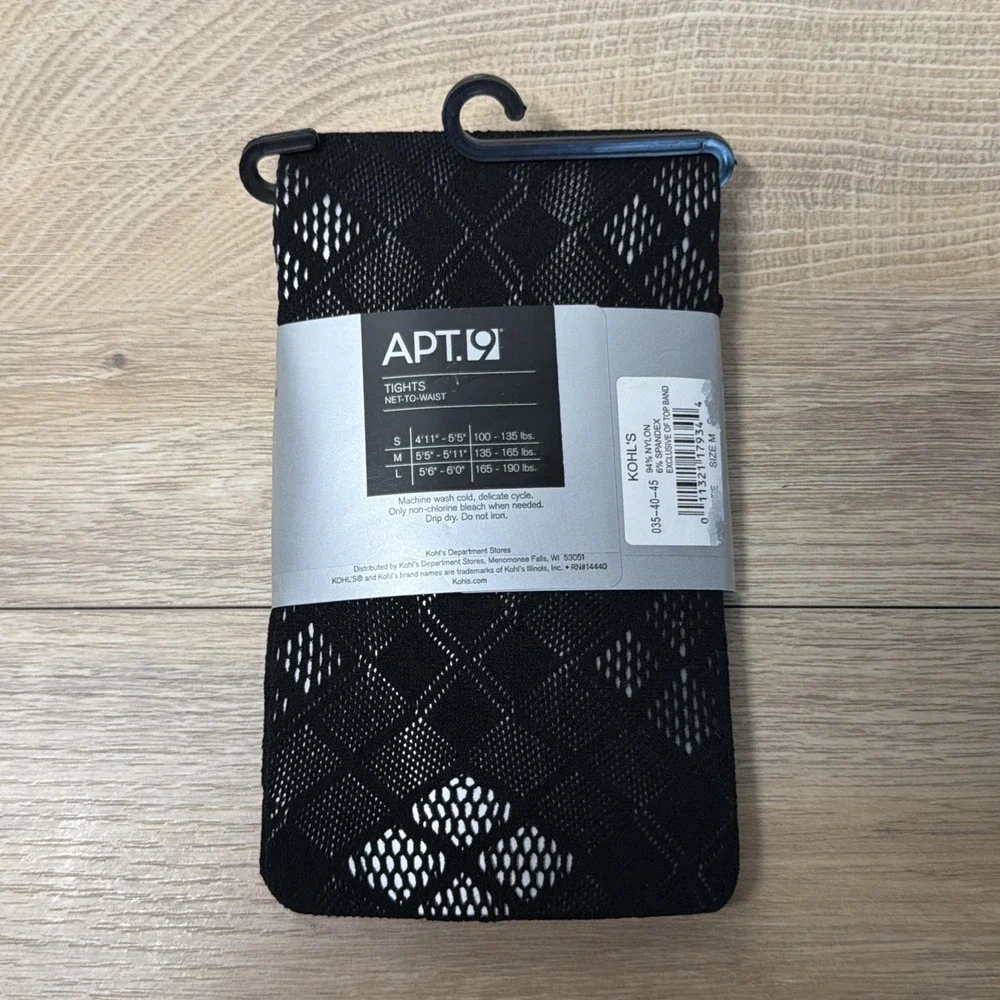 APT 9 Womens Tights Medium Black Geometric Openwork Net to Waist Hosiery New
